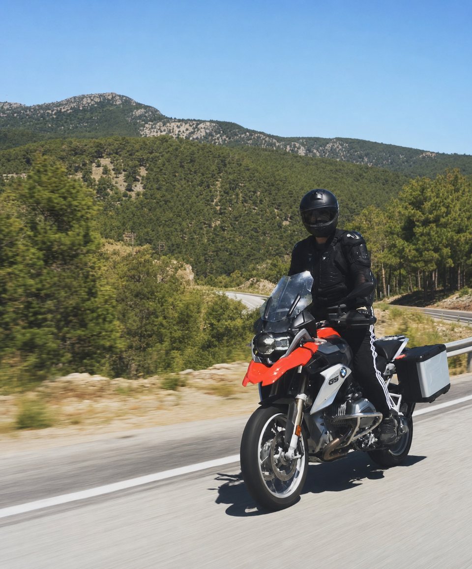 Servet Namlı riding a motorcycle through a nature route